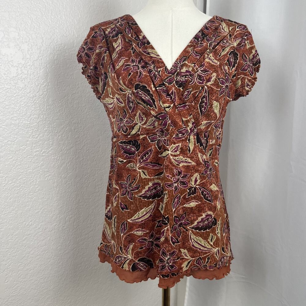 VTG Style Co Top‎ Womens Medium Orange Floral Babydoll Lettuce Hem Fairy Y2K